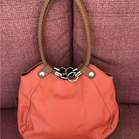 Coral orange brown Handbag purse braided handles 14” x 18” including handles EUC - Picture 8 of 15